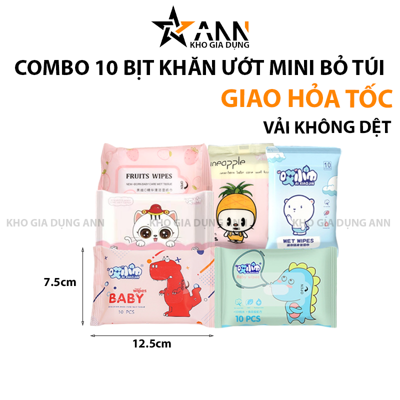 Combo 10 Bịt Khăn Ướt Bỏ Túi Du Lịch - Khăn Giấy Ướt Mini - Chất Liệu Vải Không Dệt 12.5x7.5cm Combo 10 Bịt Khăn Ướt Bỏ Túi Du Lịch - Khăn Giấy Ướt Mini - Chất Liệu Vải Không Dệt 12.5x7.5cm