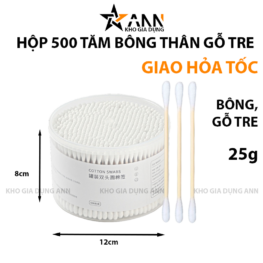Hộp 500 Tăm Bông Ngoáy Tai - Tăm Bông Thân Gỗ 2 Đầu Bông Mềm Mại 8x12cm - TBTG500