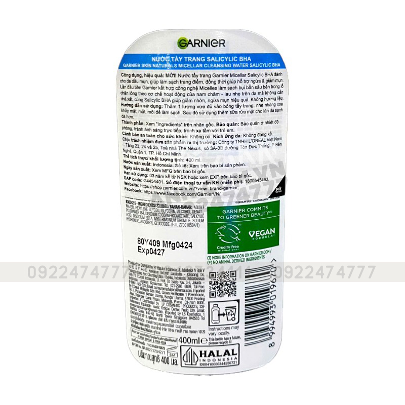 25363_tt-garnier-xanh-tem-photoroom_20241005153553-2.jpg Nước Tẩy Trang Garnier Nắp Xanh Micellar Cleansing Water Salicylic BHA Dành Cho Da Dầu Mụn 400ml - 8994993019670