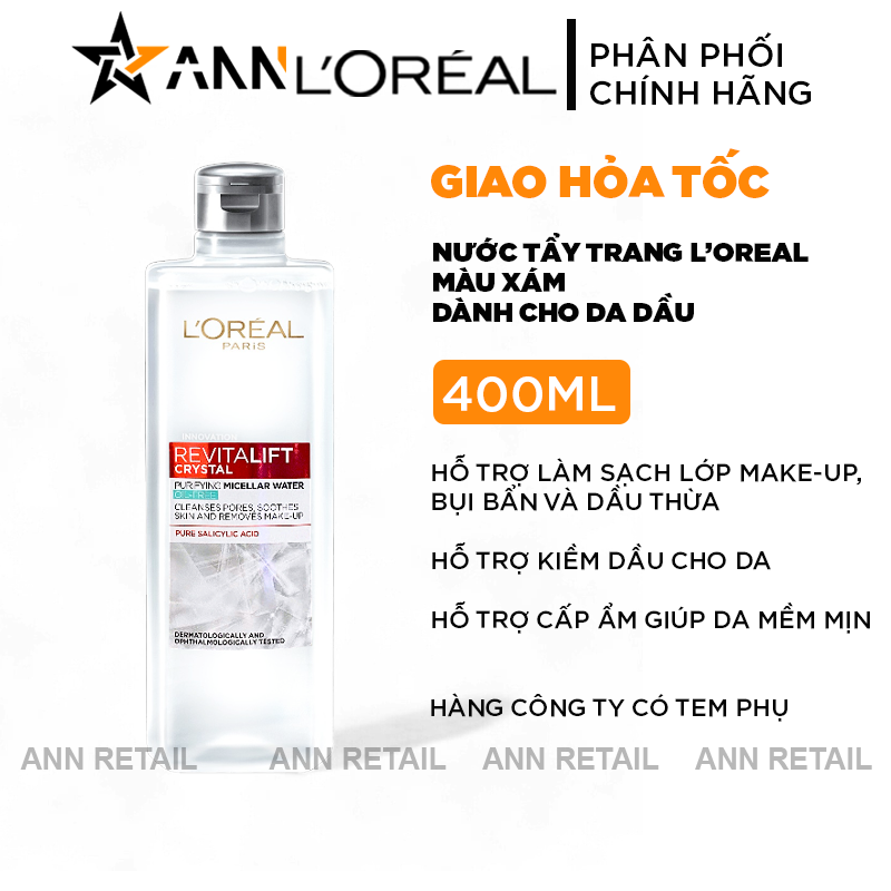 25728_1_20241112152609-1.png Nước Tẩy Trang Loreal Paris Màu Xám Sạch Sâu Kiềm Dầu Revitalift Crystal Micellar Water 400ml - 6923700981476