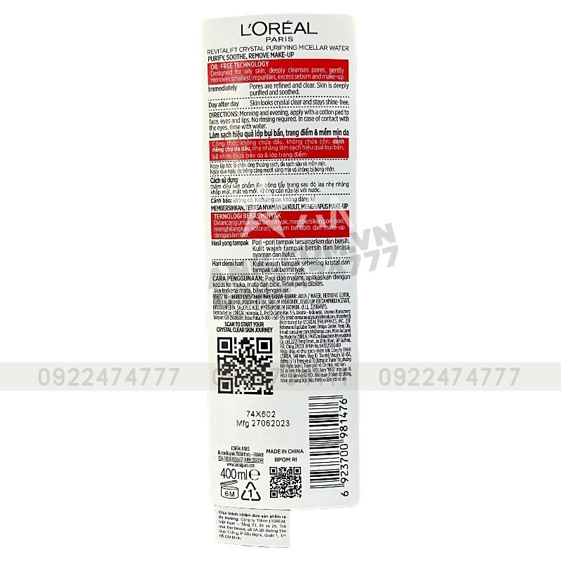 Nước Tẩy Trang Loreal Paris Màu Xám Sạch Sâu Kiềm Dầu Revitalift Crystal Micellar Water 400ml Nước Tẩy Trang Loreal Paris Màu Xám Sạch Sâu Kiềm Dầu Revitalift Crystal Micellar Water 400ml