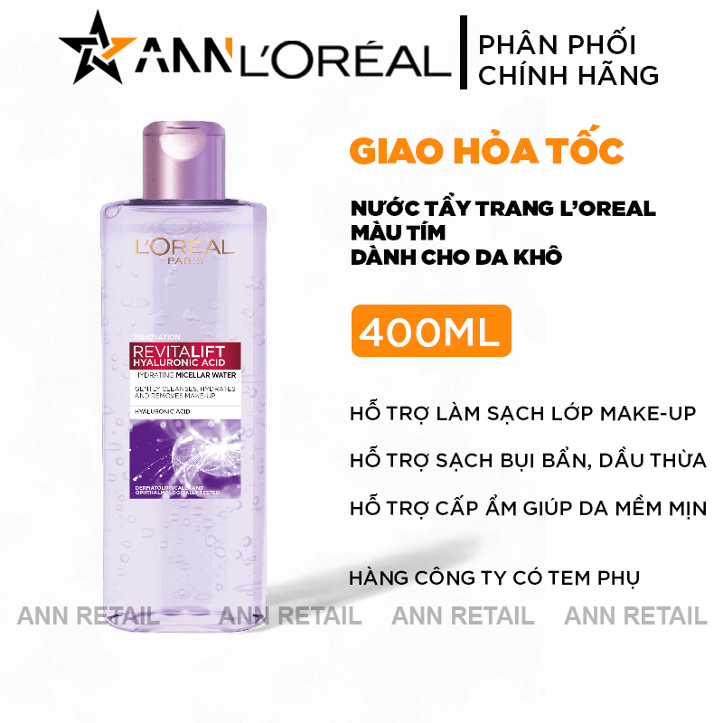 25730_1_20241112155518-1.png Nước Tẩy Trang Loreal Màu Tím Sạch Sâu Cấp Ẩm Revitalift Hyaluronic Acid Micellar Water 400ml - Hàng Công Ty Có Tem Phụ - 6923700987782