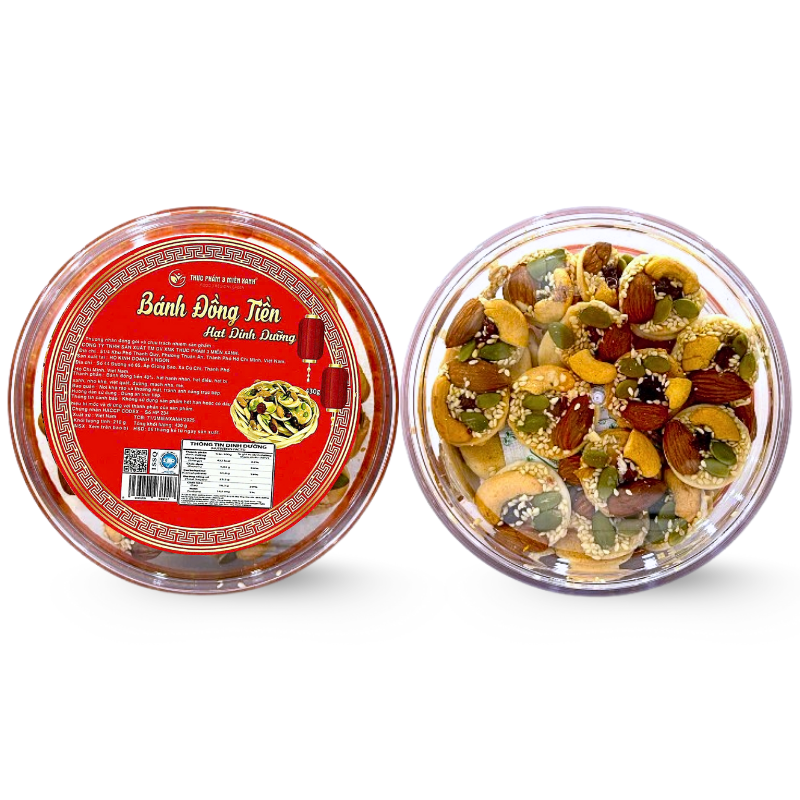 Hộp Bánh Đồng Tiền Ngũ Vị Hạt Hộp Tròn 430G Hộp Quà Tết 2026 Hộp Bánh Đồng Tiền Ngũ Vị Hạt Hộp Tròn 430G Hộp Quà Tết 2026