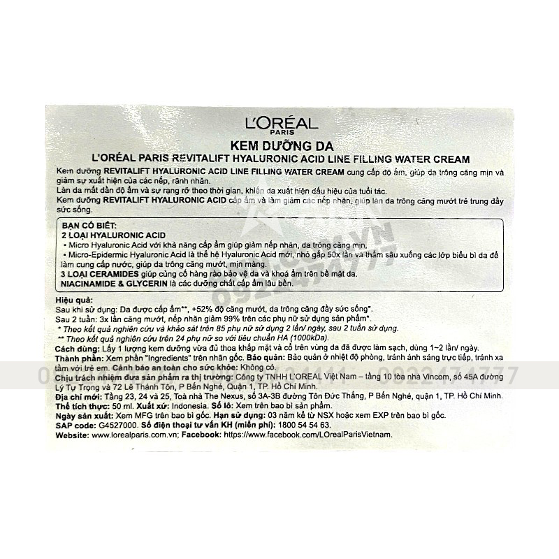 Kem Dưỡng Siêu Cấp Ẩm Loreal Paris Revitalift Hyaluronic Acid Line Filling Water 50ml Kem Dưỡng Siêu Cấp Ẩm Loreal Paris Revitalift Hyaluronic Acid Line Filling Water 50ml