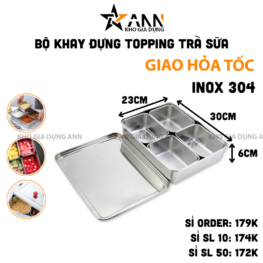 Bộ Khay Gia Vị - Khay Đựng Topping Trà Sữa Inox 304 4 Ngăn Có Nắp Đậy 30x23x6cm - KSTS01
