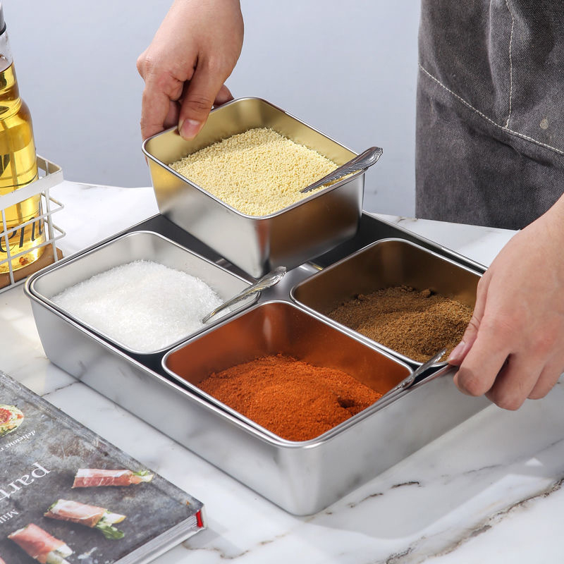 Bộ Khay Gia Vị - Khay Đựng Topping Trà Sữa Inox 304 4 Ngăn Có Nắp Đậy 30x23x6cm Bộ Khay Gia Vị - Khay Đựng Topping Trà Sữa Inox 304 4 Ngăn Có Nắp Đậy 30x23x6cm