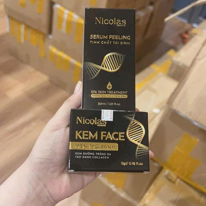 Combo Tái Sinh Nicolas - Serum Peeling 30ml & Kem Face Men Tảo Xanh Collagen 5g Combo Tái Sinh Nicolas - Serum Peeling 30ml & Kem Face Men Tảo Xanh Collagen 5g
