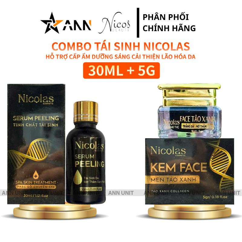 26708_1_20250906092949-1.png Combo Tái Sinh Nicolas - Serum Peeling 30ml & Kem Face Men Tảo Xanh Collagen 5g - 8938549741158