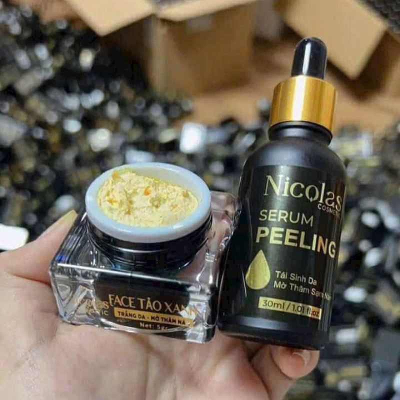 Combo Tái Sinh Nicolas - Serum Peeling 30ml & Kem Face Men Tảo Xanh Collagen 5g Combo Tái Sinh Nicolas - Serum Peeling 30ml & Kem Face Men Tảo Xanh Collagen 5g