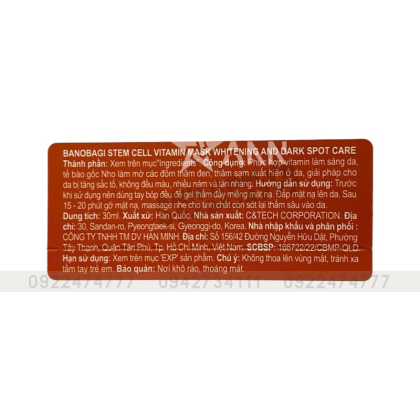 Mặt nạ Banobagi Stem Cell Vitamin Mask Whitening & Dark Spot Care chống nhăn da, trắng da, mờ nám