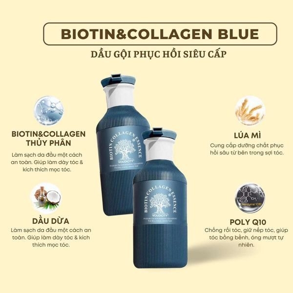 Cặp Gội Xả Phục Hồi Siêu Cấp Biotin Collagen Essence 500ml màu xanh