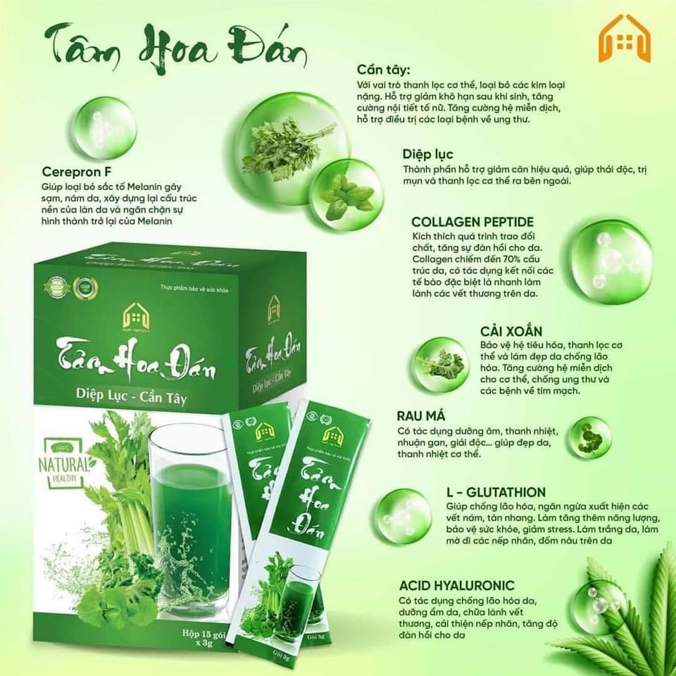 Diệp Lục Cần Tây Tâm Hoa Đán Hộp 15 Gói Giúp làm đẹp da và ngăn ngừa lão hóa da