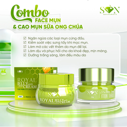 Combo Kem Face Cao Mụn Sữa Ong Chúa + Kem Face Xanh Mụn Thâm Son Cosmetic