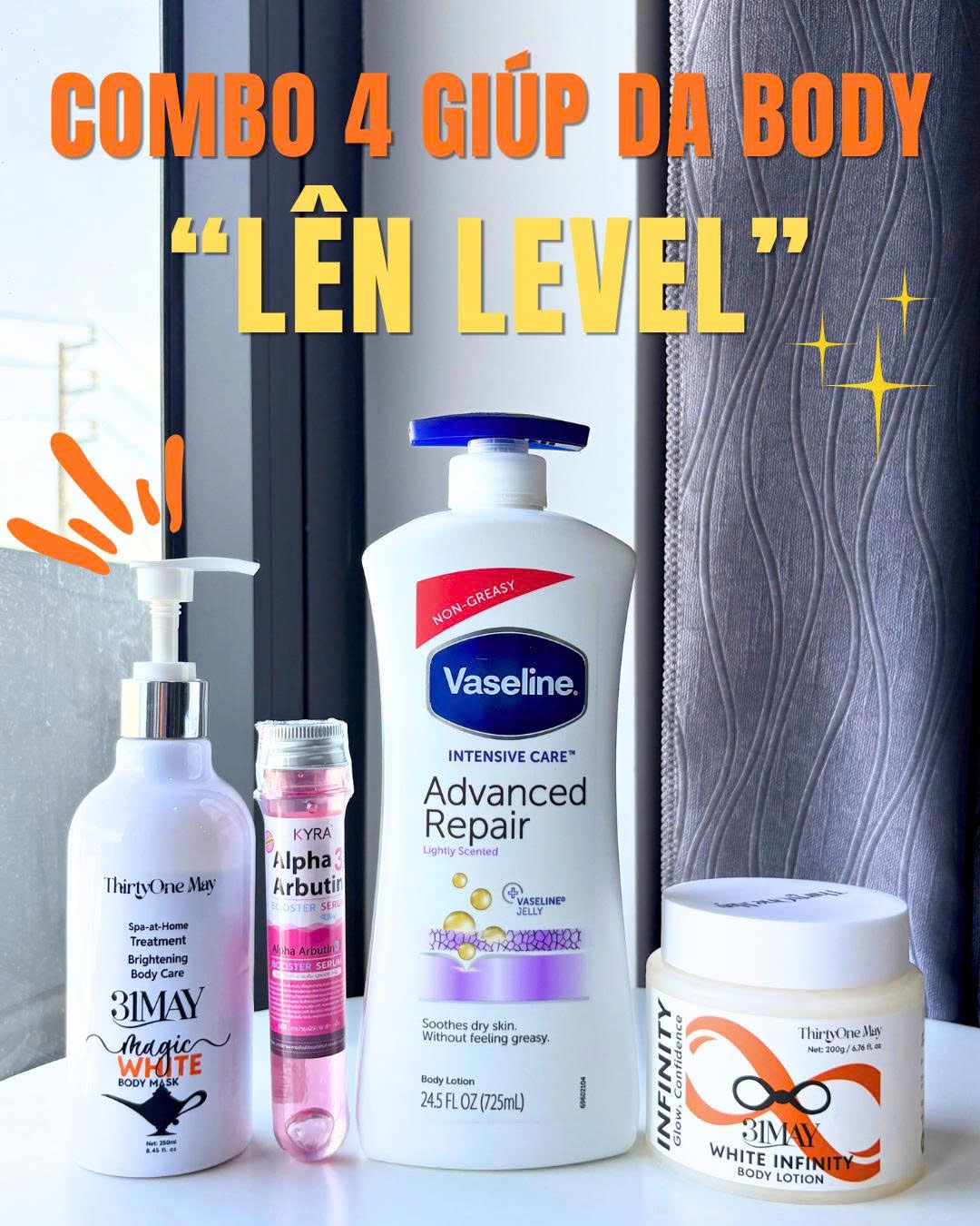 BỘ TỨ BODY “Da Mướt – Da Sáng” GỒM KEM BODY 31MAY + Ủ TRẮNG + VASELINE + ALPHA ARBUTIN